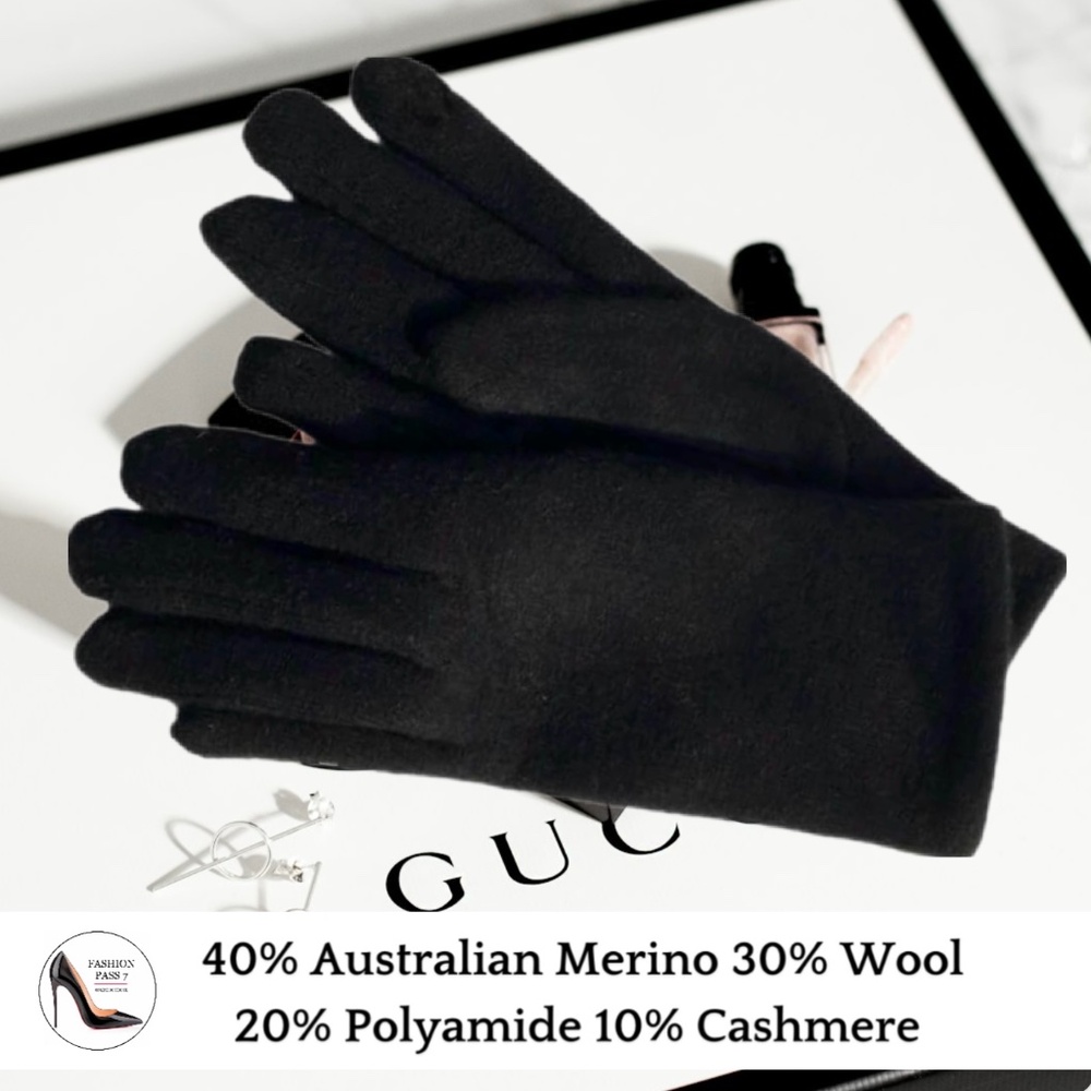 Luxury Cashmere Merino Wool Gloves Classic Black Winter Mittens Fleece inside